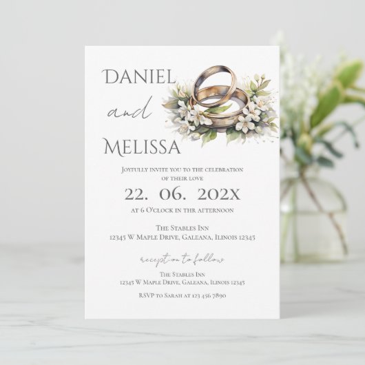 Boho Floral with ring Wedding  Einladung (Stehend Vorderseite)