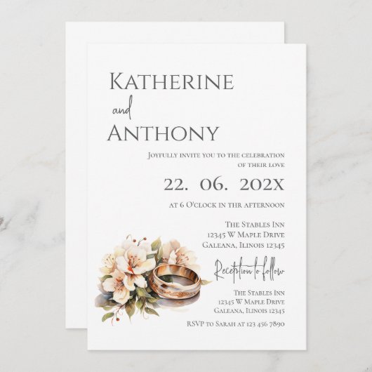 Boho Floral with ring Wedding  Einladung (Vorne/Hinten)