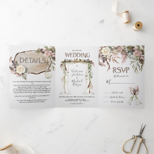 Boho Floral Woodland Wedding Tri-Fold Einladung (Innenseite)