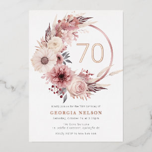 Boho Floral Wreath 70. Geburtstagsparty Rose Gold Folieneinladung