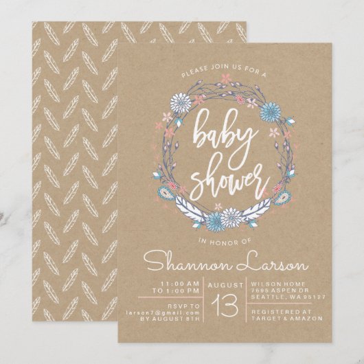 Boho Floral Wreath Baby Shower Einladung (Vorne/Hinten)