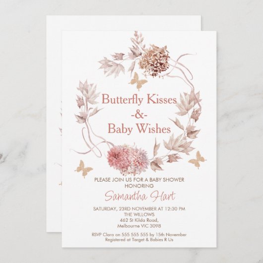 Boho Floral Wreath Butterfly Kisses Baby Shower Einladung (Vorne/Hinten)