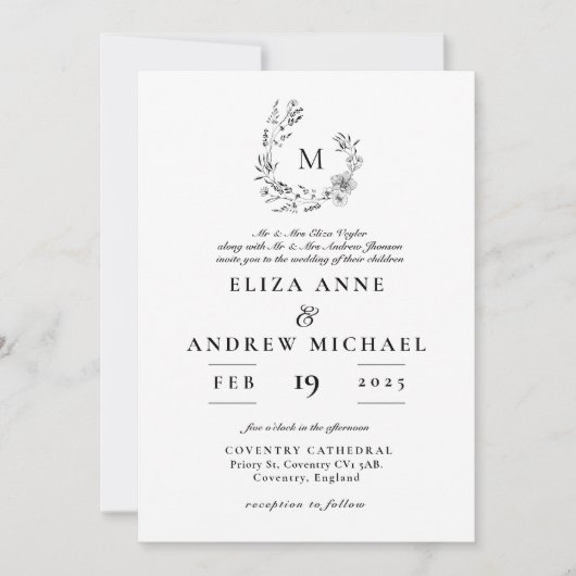 Boho Floral Wreath Monogram Custom Wedding Einladung (Vorderseite)