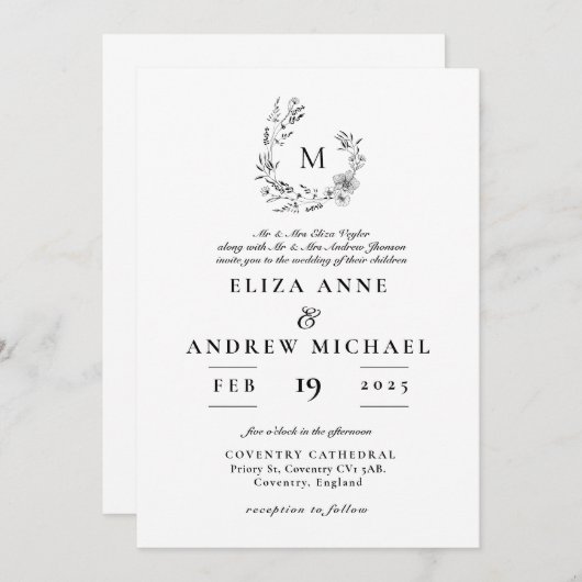 Boho Floral Wreath Monogram Custom Wedding Einladung (Vorne/Hinten)
