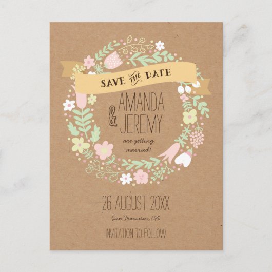 Boho Floral Wreath Pastel Rustic Save the Date Ankündigungspostkarte (Vorderseite)