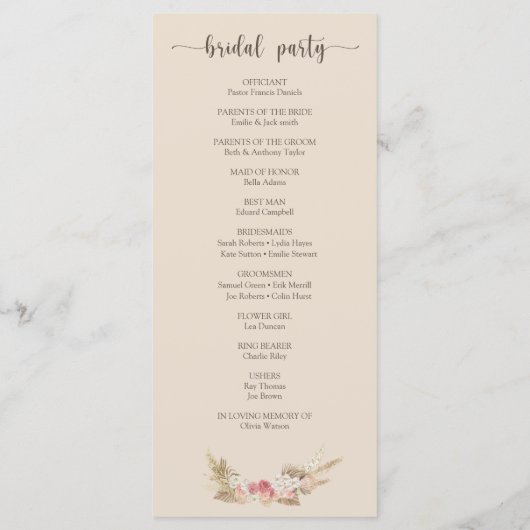 Boho Floral Wreath Script Wedding Flat Program Programm (Rückseite)