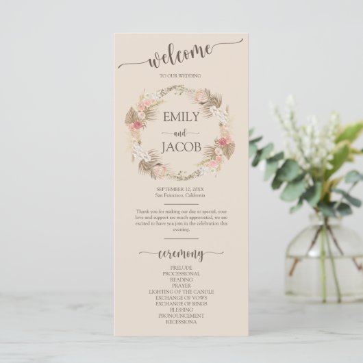 Boho Floral Wreath Script Wedding Flat Program Programm (Stehend Vorderseite)