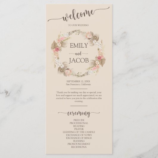 Boho Floral Wreath Script Wedding Flat Program Programm (Vorderseite)