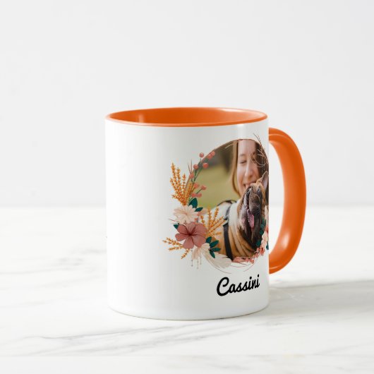 Boho Floral Wreath Skript Name Dog Foto Tasse (VorderseiteRechts)