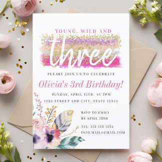 Boho Floral Young Wild und Three Girl's Birthday Einladung