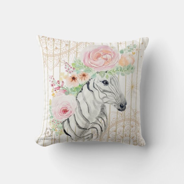 Boho Floral Zebra Pillow - Aquarell Tierdrucken Kissen (Vorderseite)