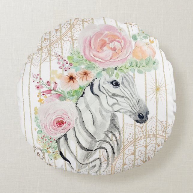 Boho Floral Zebra Pillow - Aquarell Tierdrucken Rundes Kissen (Vorderseite)