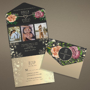 Boho Florale Fotografie Schwarze Hochzeit All In One Einladung
