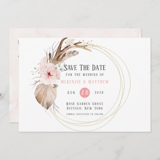 Boho Florals & Deer Antlers speichern die Datumska Einladung (Vorne/Hinten)
