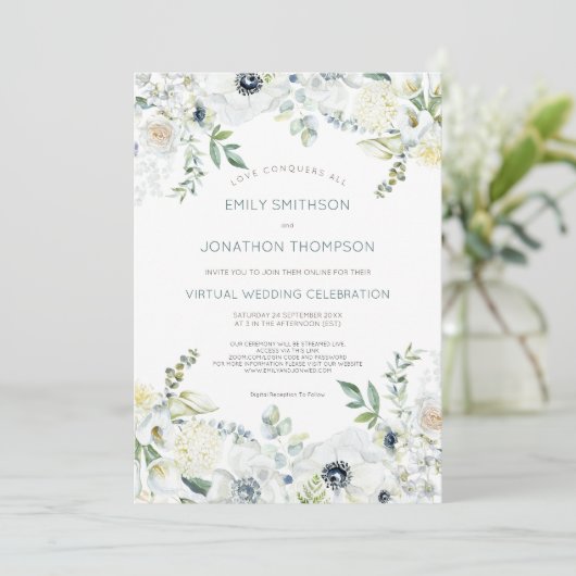 Boho Florals Eucalyptus Verlasse Virtual Wedding Einladung (Stehend Vorderseite)