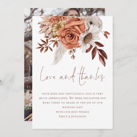 Boho Florals Foto Liebe Dank Brown Text Wedding Karte (Vorne/Hinten)
