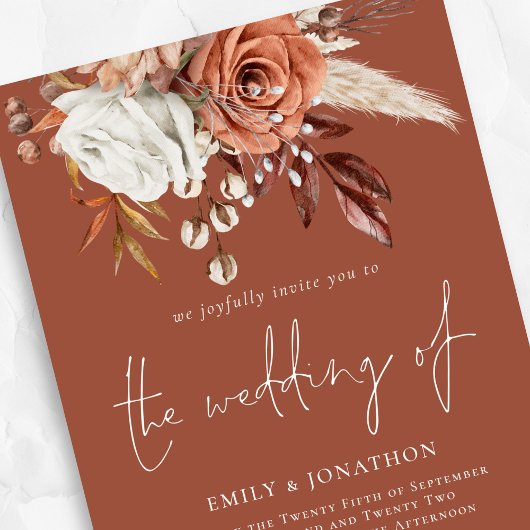 Boho Florals Foto QR Code Terracotta Wedding Einladung