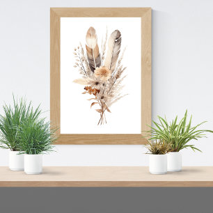 Boho Florals Grau Beige Braun Federn Botanik Poster