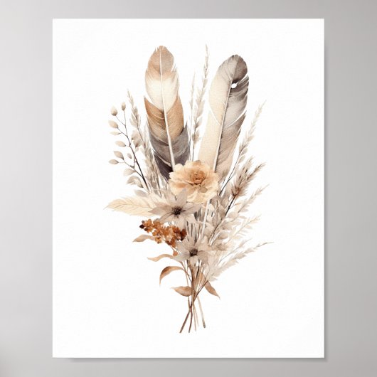 Boho Florals Gray Beige Brown Feathers Botanicals Poster (Vorne)