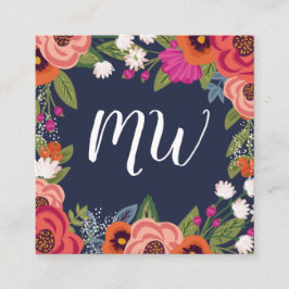 Boho Florals - Navy Blue & Coral - Mit Monogramm Quadratische Visitenkarte