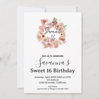Boho Florals Personalisierter Geburtstag Sweet 16 Einladung