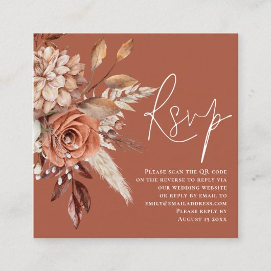 Boho Florals QR Code Terracotta Wedding RSVP Begleitkarte (Vorderseite)