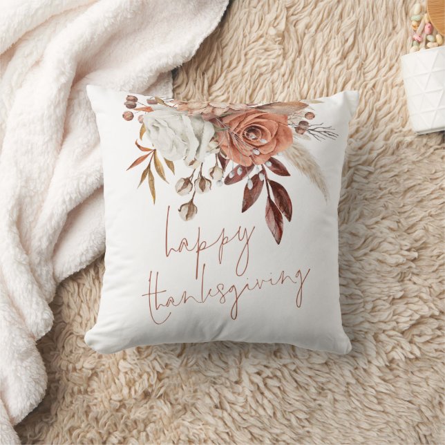 Boho Florals Terracotta Happy Thanksgiving Kissen (Decke)