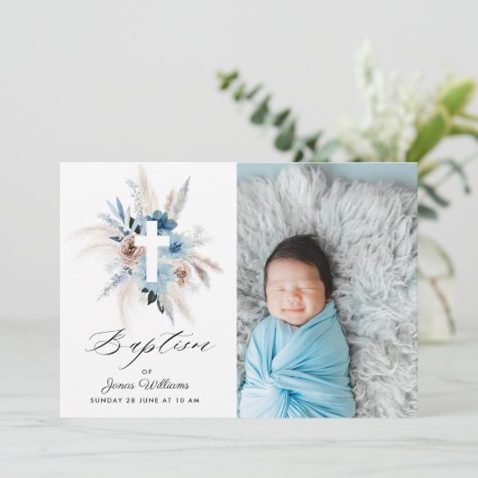 Boho florals wassercolor Baptisse Foto Einladung (Stehend Vorderseite)