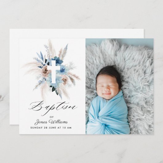 Boho florals wassercolor Baptisse Foto Einladung (Vorne/Hinten)