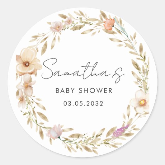 Boho Flower Baby Shower Runder Aufkleber (Vorderseite)