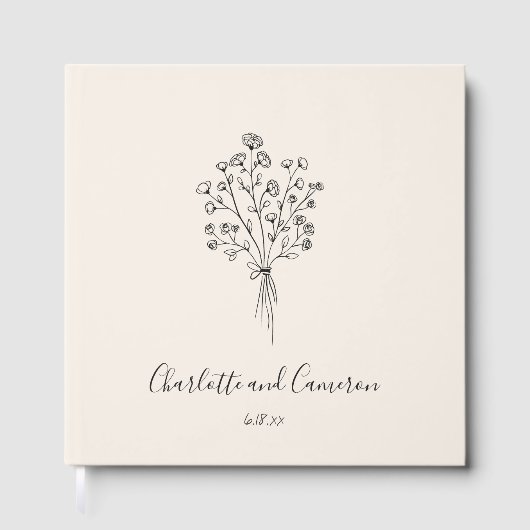 Boho Flower Line Art Drawing Custom Ivory Wedding  Gästebuch (Vorderseite)