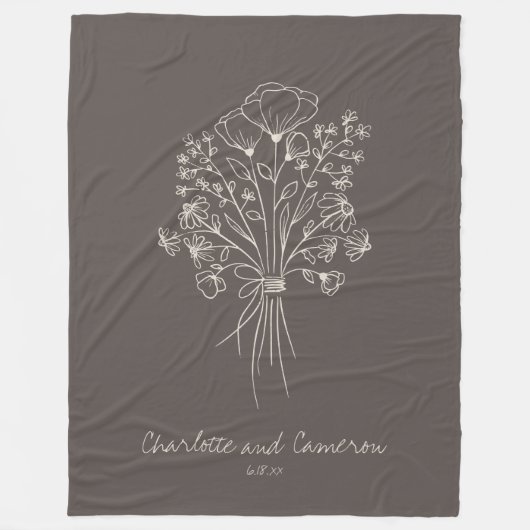 Boho Flower Line Art Drawing Personalized Brown Fleecedecke (Vorderseite)