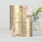 Boho Flowers,Champagne Glass Gold 80th Birthday Einladung (Stehend Vorderseite)