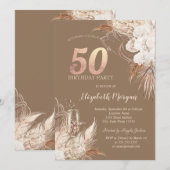 Boho Flowers,Champagne Glass,Terracotta 50th Einladung (Vorne/Hinten)