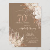 Boho Flowers,Champagne Glass,Terracotta 70th Einladung (Vorne/Hinten)