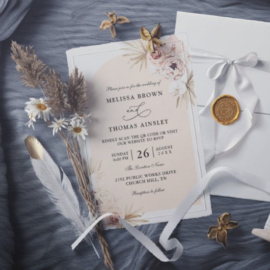 Boho Flowers Elegant Modern Budget QR Code Wedding Einladung