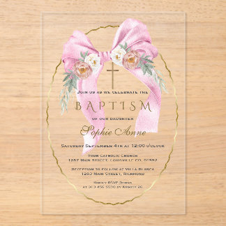 Boho Flowers Pink Bow Girl Baptism Transparent   Acryleinladungen