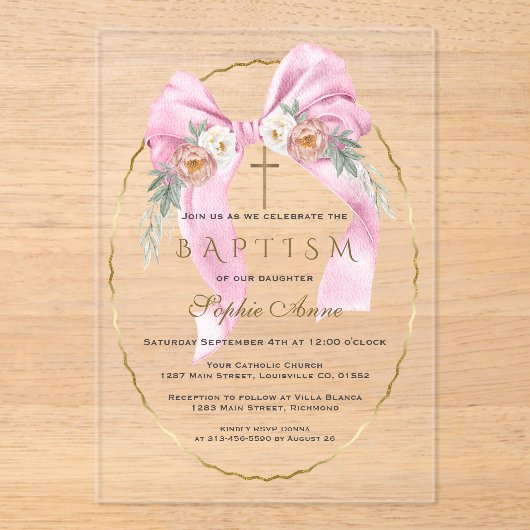 Boho Flowers Pink Bow Girl Baptism Transparent   Acryleinladungen (Vorderseite)