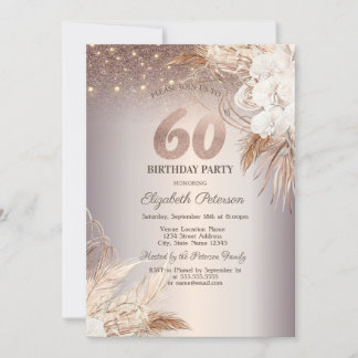 Boho Flowers,String Lights Glitter 60th Birthday Einladung