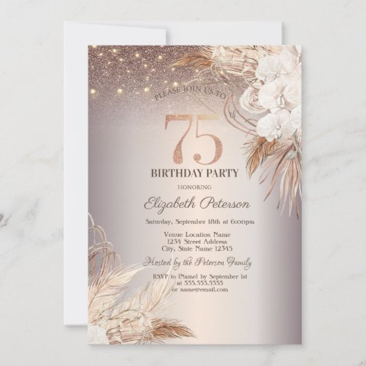 Boho Flowers,String Lights Glitter 75th Birthday Einladung (Vorderseite)
