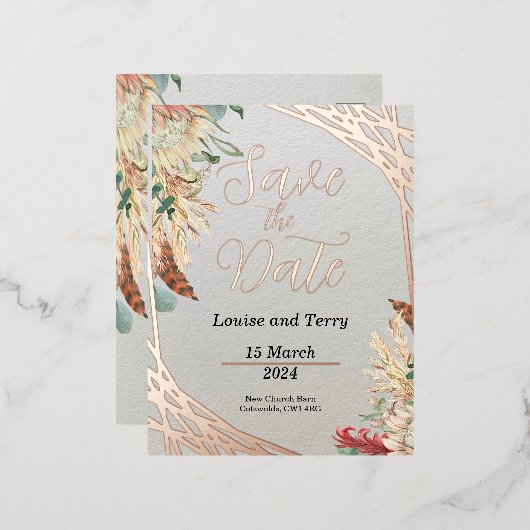 Boho & Foil Save the Date Folie Einladungspostkarte (Vorderseite/Rückseite)