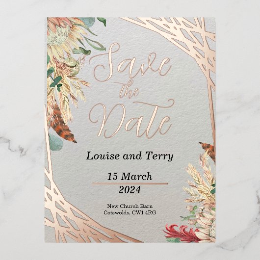 Boho & Foil Save the Date Folie Einladungspostkarte (Vorderseite)