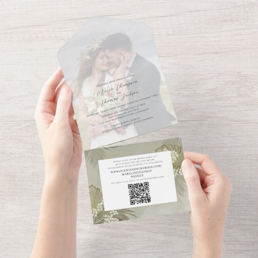 Boho Foliage Tropical Palm Blätter Foto QR Code All In One Einladung (Abreißen)