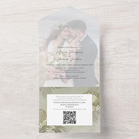 Boho Foliage Tropical Palm Blätter Foto QR Code All In One Einladung (Innen Boden)