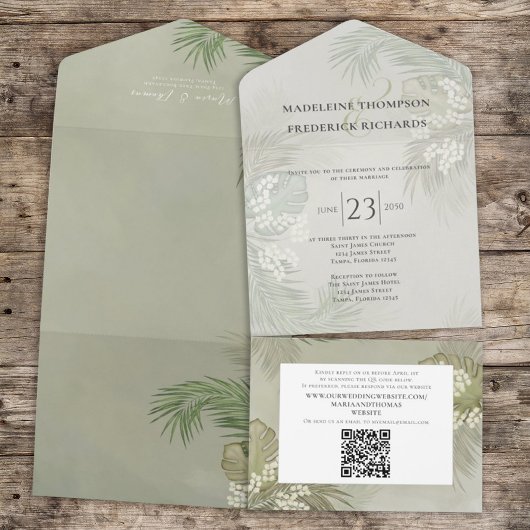 Boho Foliage Tropical Palm Blätter Haushalt QR Cod All In One Einladung