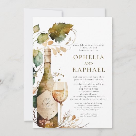 Boho Foliage und Wine Bohemische Hochzeit Einladung (Vorderseite)