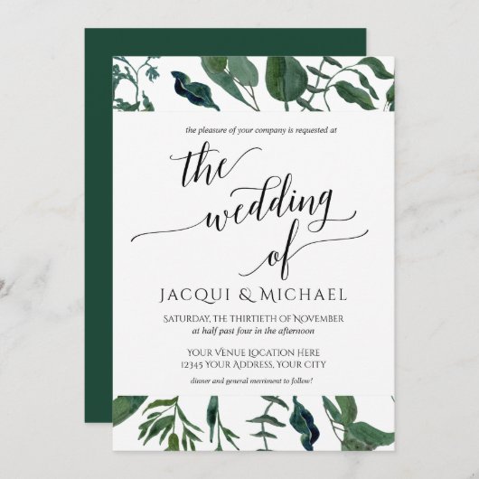 BOHO Foliage Wedding Minimalistisch Leaf | Quadrat Einladung (Vorne/Hinten)