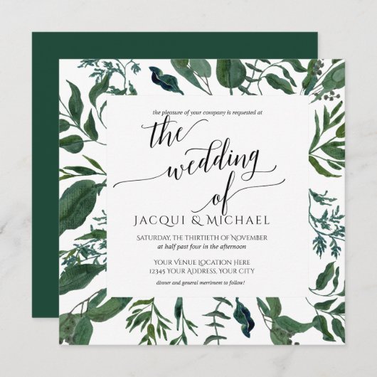 BOHO Foliage Wedding Watercolor Wreath | Quadrat Einladung (Vorne/Hinten)