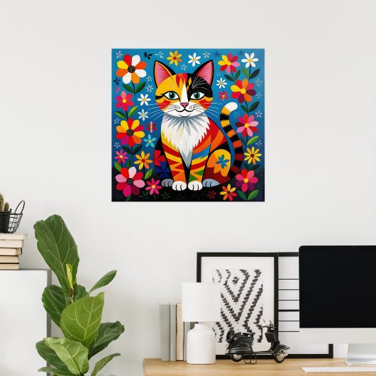 Boho Folk Art Cat, Flowers & Butterfly   Poster (Heimbüro)