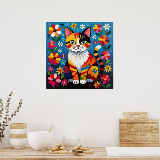 Boho Folk Art Cat, Flowers & Butterfly   Poster (Küche)